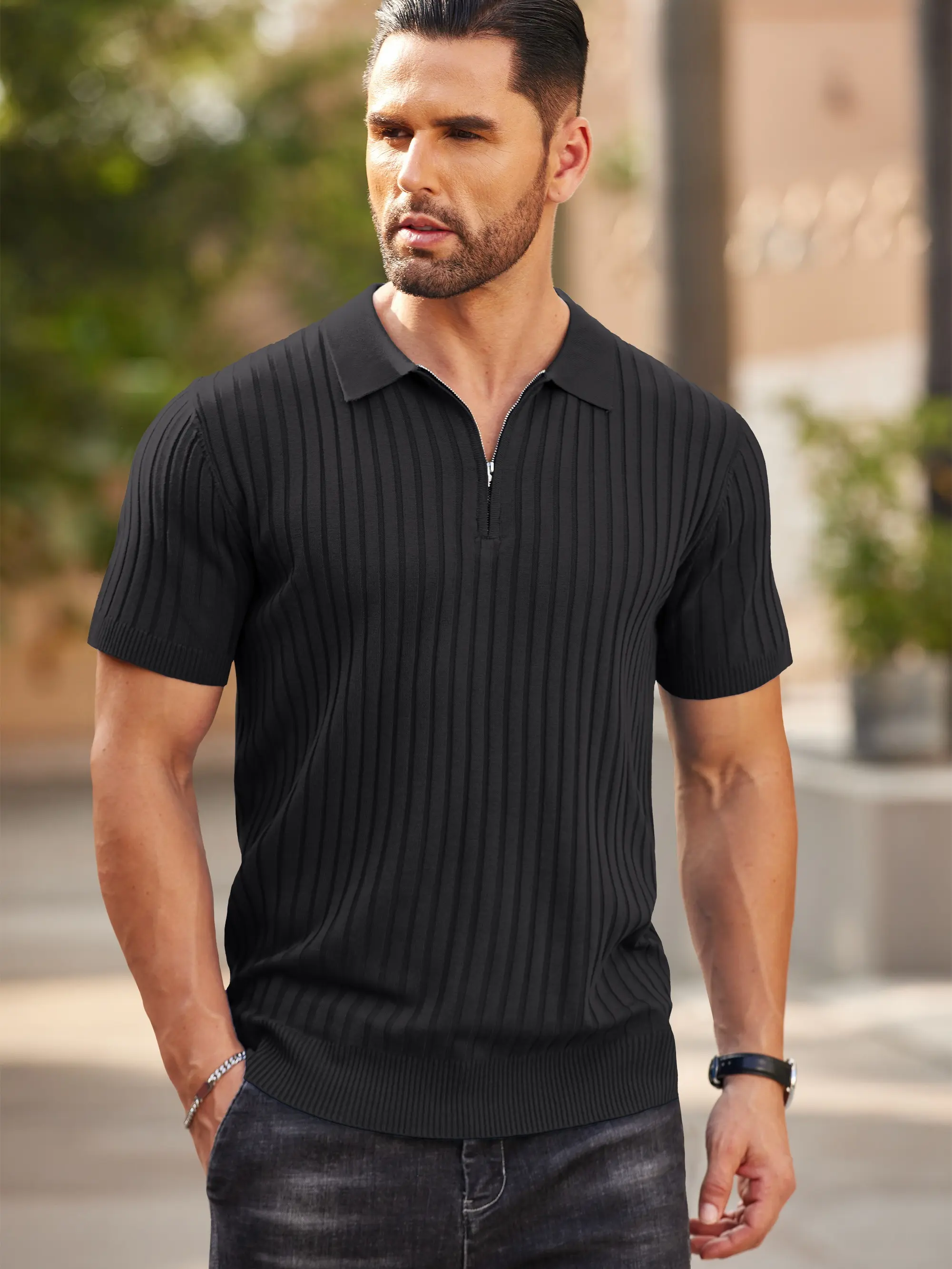 Men's Modern Quarter-Zip Ribbed Knit Polo