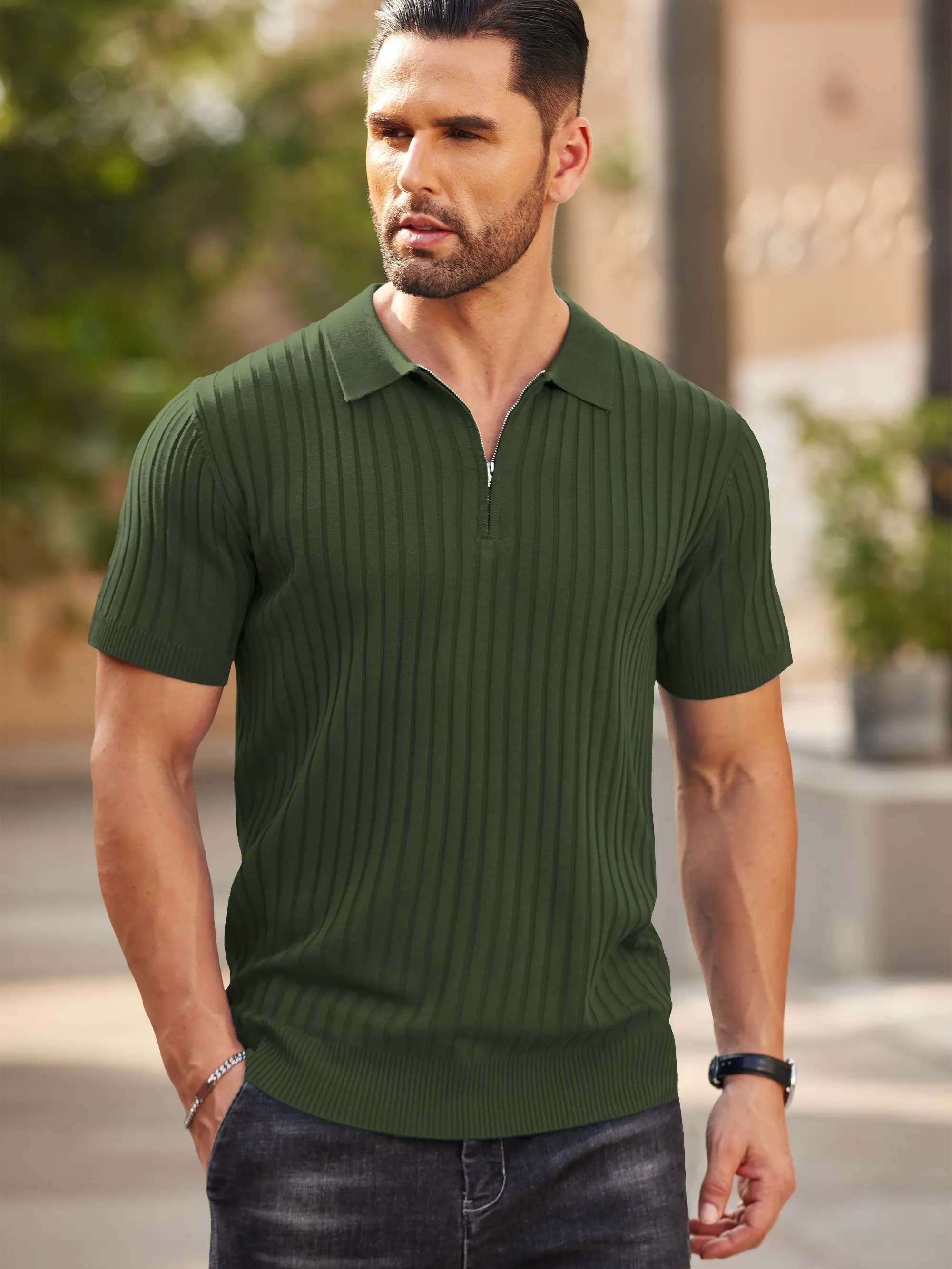 Men's Modern Quarter-Zip Ribbed Knit Polo