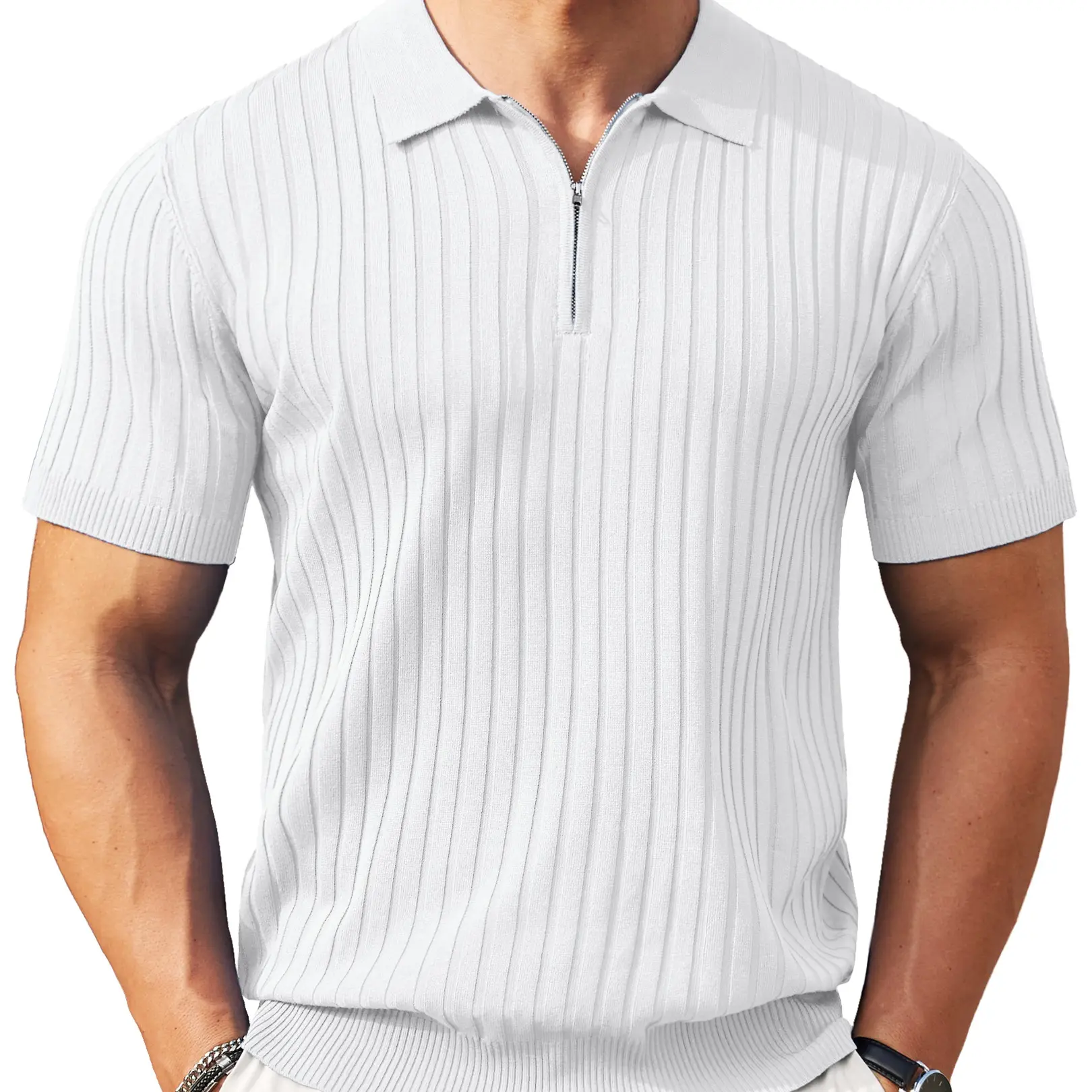 Men's Modern Quarter-Zip Ribbed Knit Polo