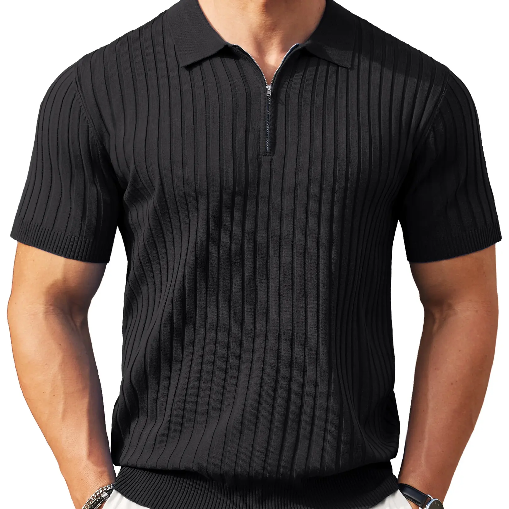 Men's Modern Quarter-Zip Ribbed Knit Polo