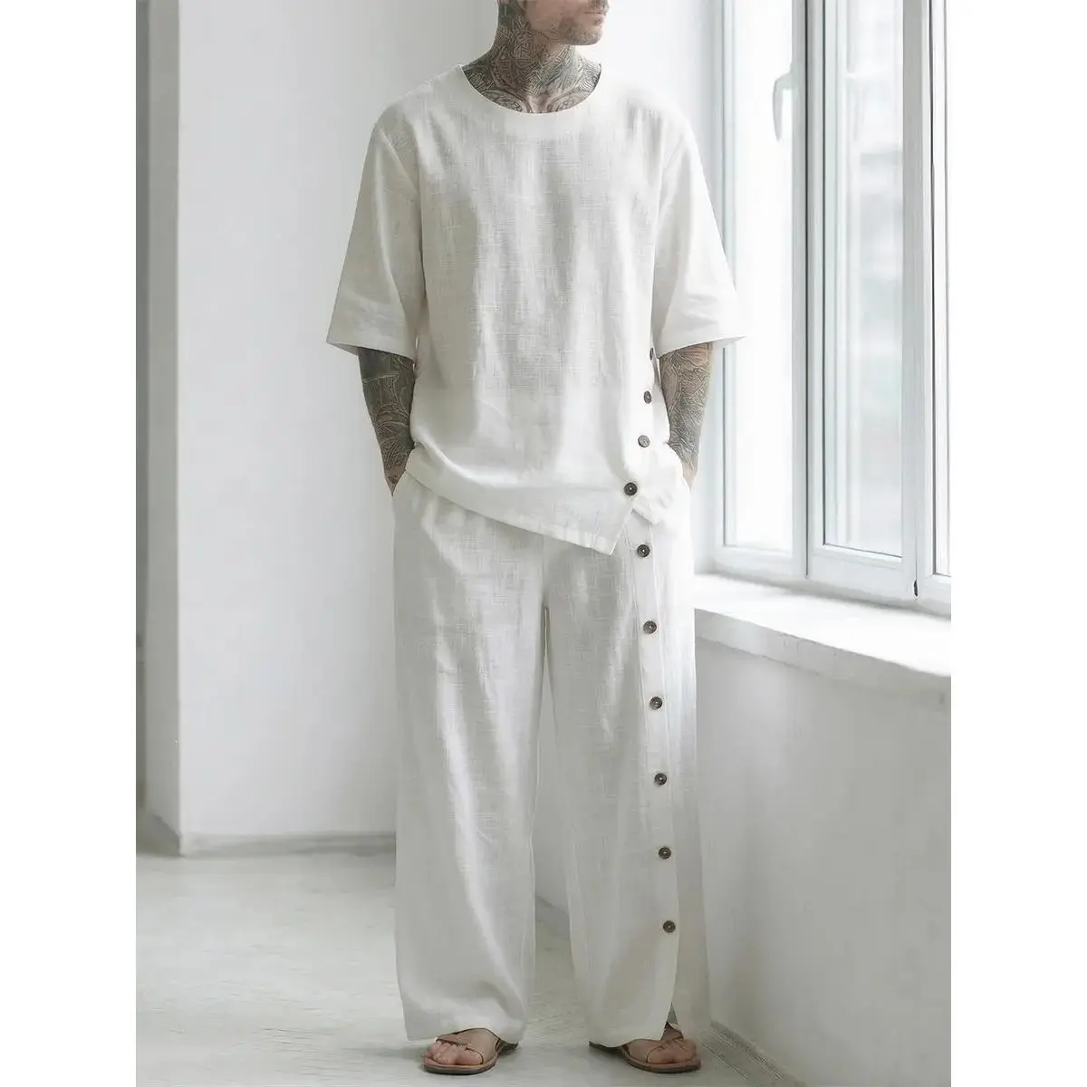Men's Linen-Blend Short Sleeve Shirt & Pants Set