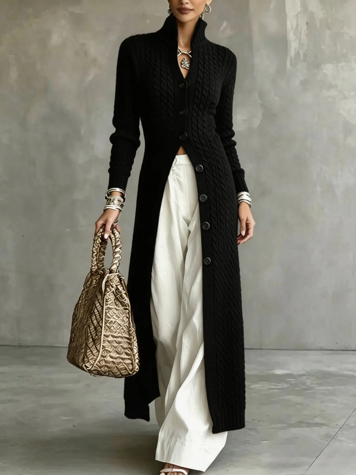 Women's Elegant Cable Knit Long Cardigan