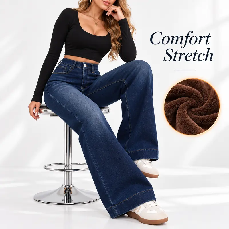 👖 Women's Fleece-Lined High-Waisted Wide-Leg Jeans