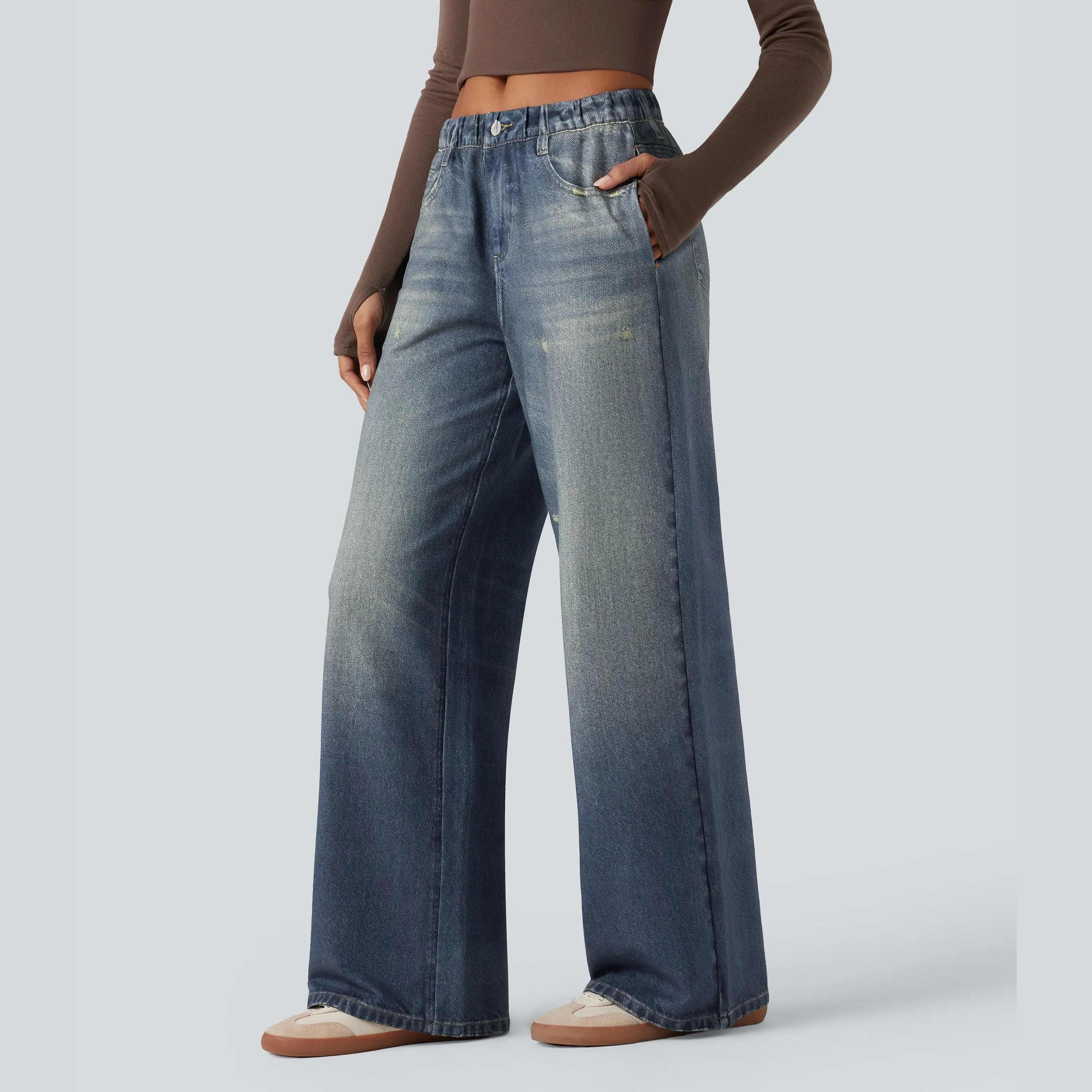 Women's Mid-Rise Stretch Wide-Leg Casual Pants