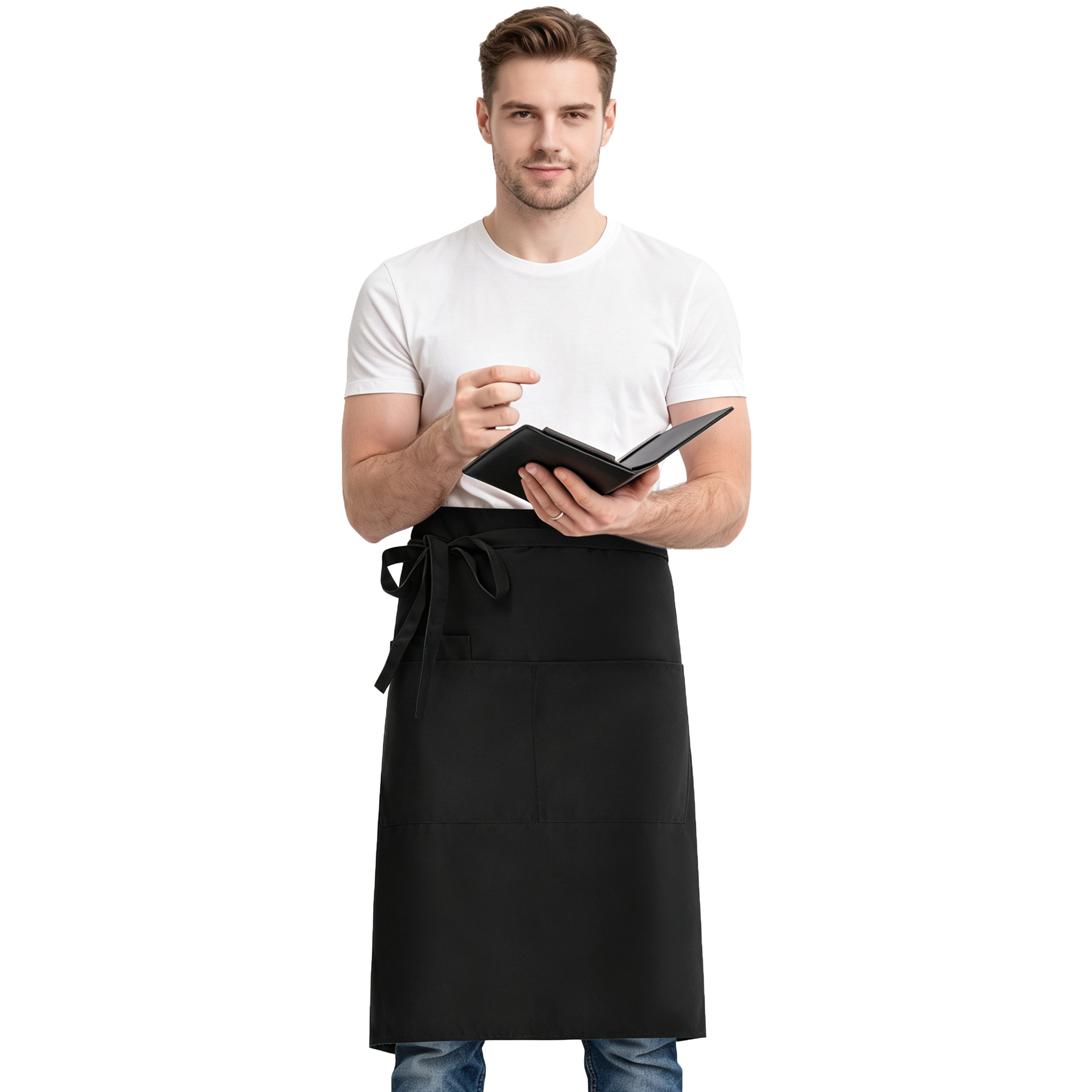 ROTANET Long Server Apron Black with 3 Pockets 28" Bistro Aprons Waterproof