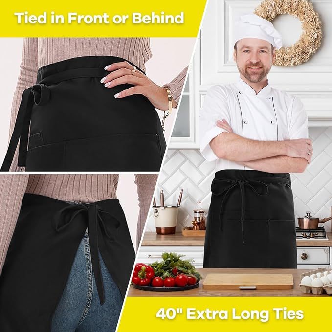 ROTANET Long Server Apron Black with 3 Pockets 28" Bistro Aprons Waterproof