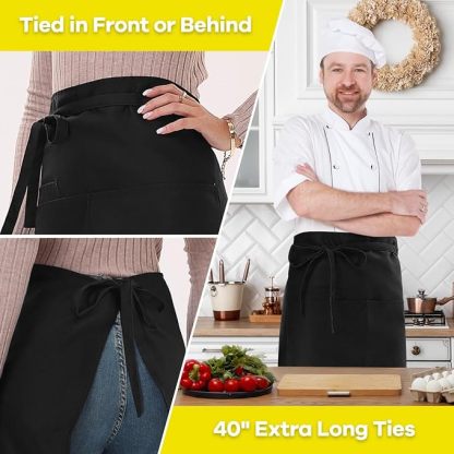 ROTANET Long Server Apron Black with 3 Pockets 28" Bistro Aprons Waterproof
