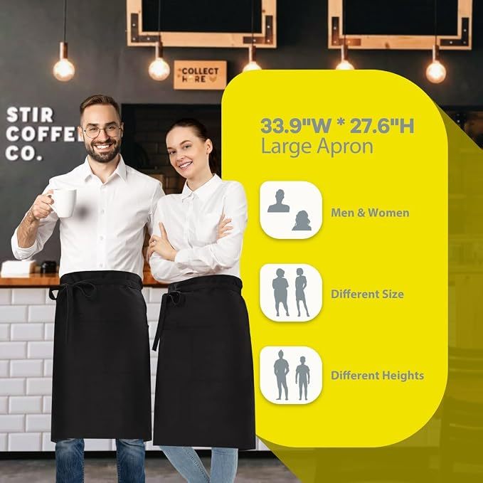 ROTANET Long Server Apron Black with 3 Pockets 28" Bistro Aprons Waterproof