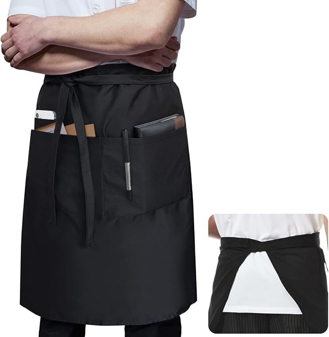 ROTANET Long Server Apron Black with 3 Pockets 28" Bistro Aprons Waterproof