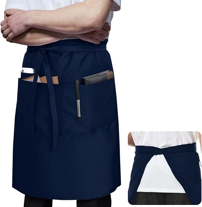 ROTANET Long Server Apron Black with 3 Pockets 28" Bistro Aprons Waterproof