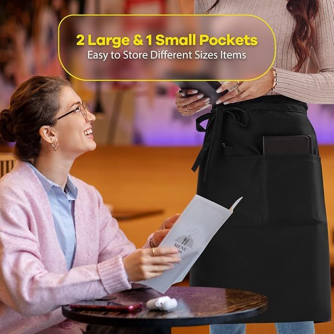 ROTANET Long Server Apron Black with 3 Pockets 28" Bistro Aprons Waterproof