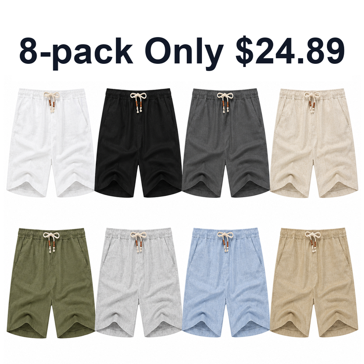 Men's Summer Linen-Look Drawstring Shorts 8-Pack