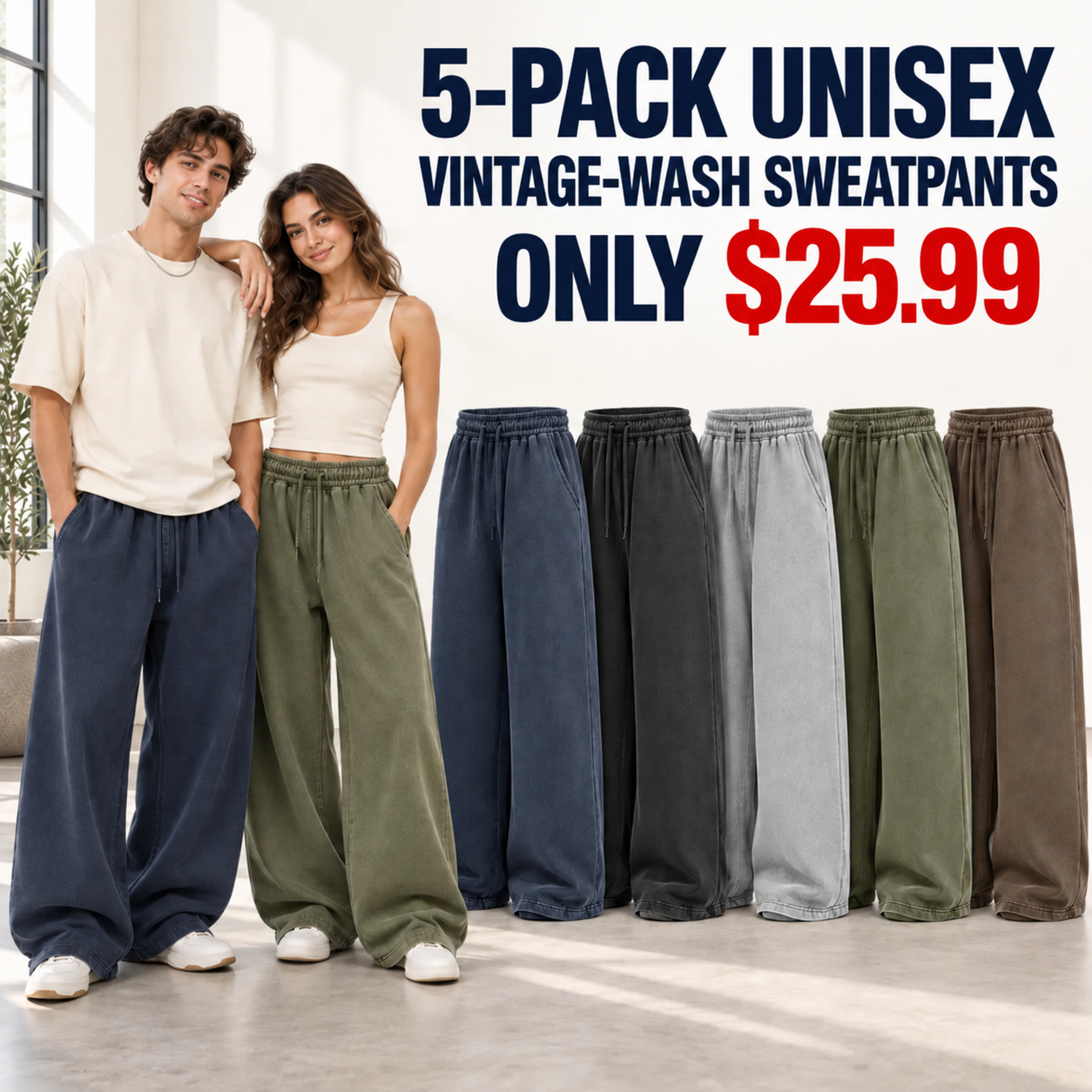 Unisex Vintage-Wash Extreme-Baggy Fleece Sweatpants Multipacks & Singles