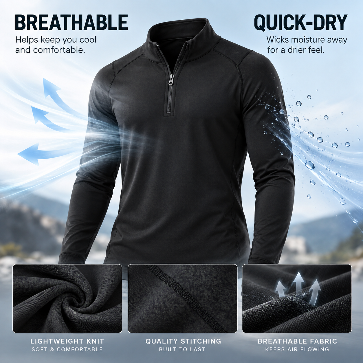 Unisex Quick-Dry Breathable Performance Mock-Neck Quarter-Zip Tops