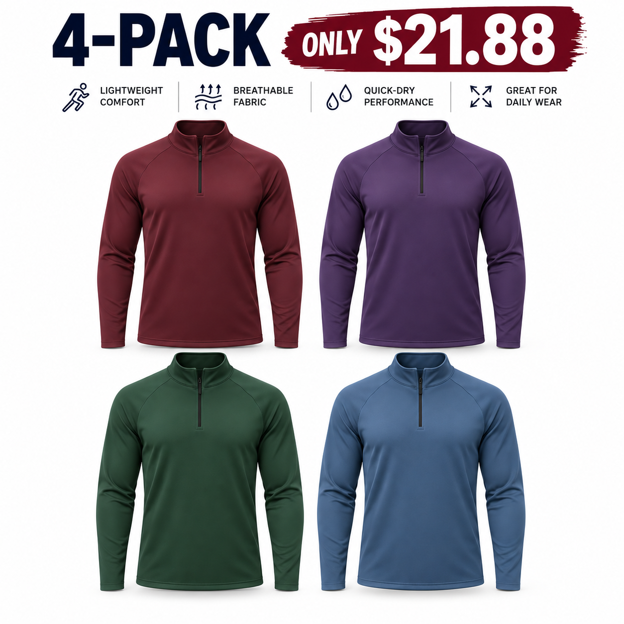 Unisex Quick-Dry Breathable Performance Mock-Neck Quarter-Zip Tops