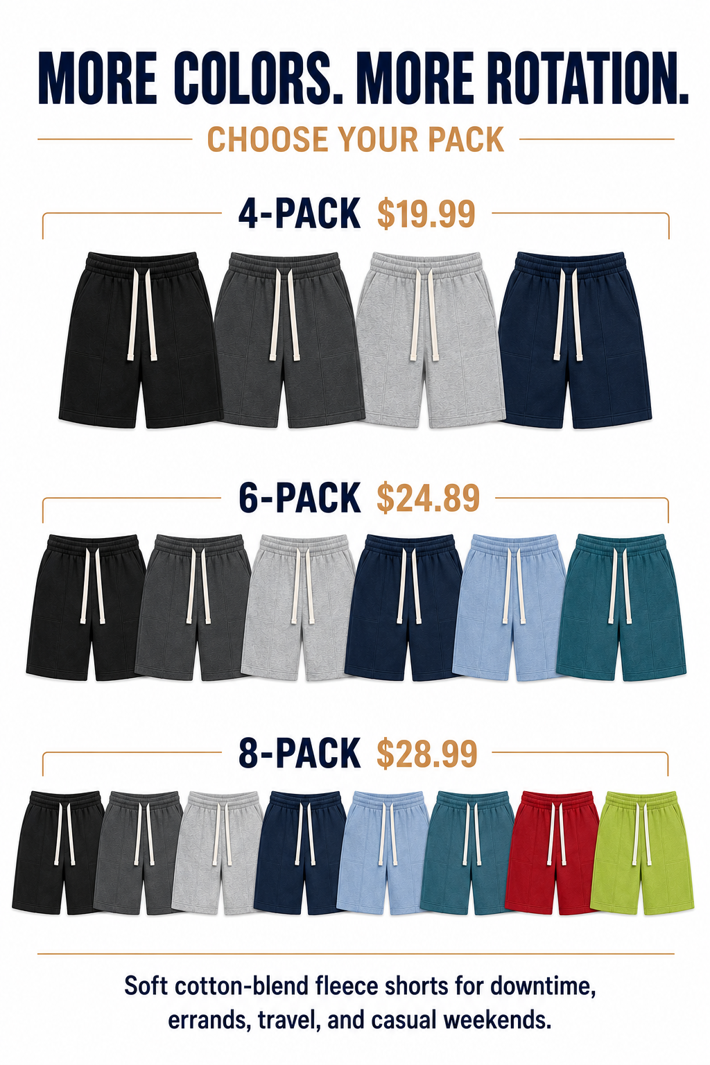 Men's Cotton-Blend Fleece Drawstring Shorts – 4/6/8-Pack