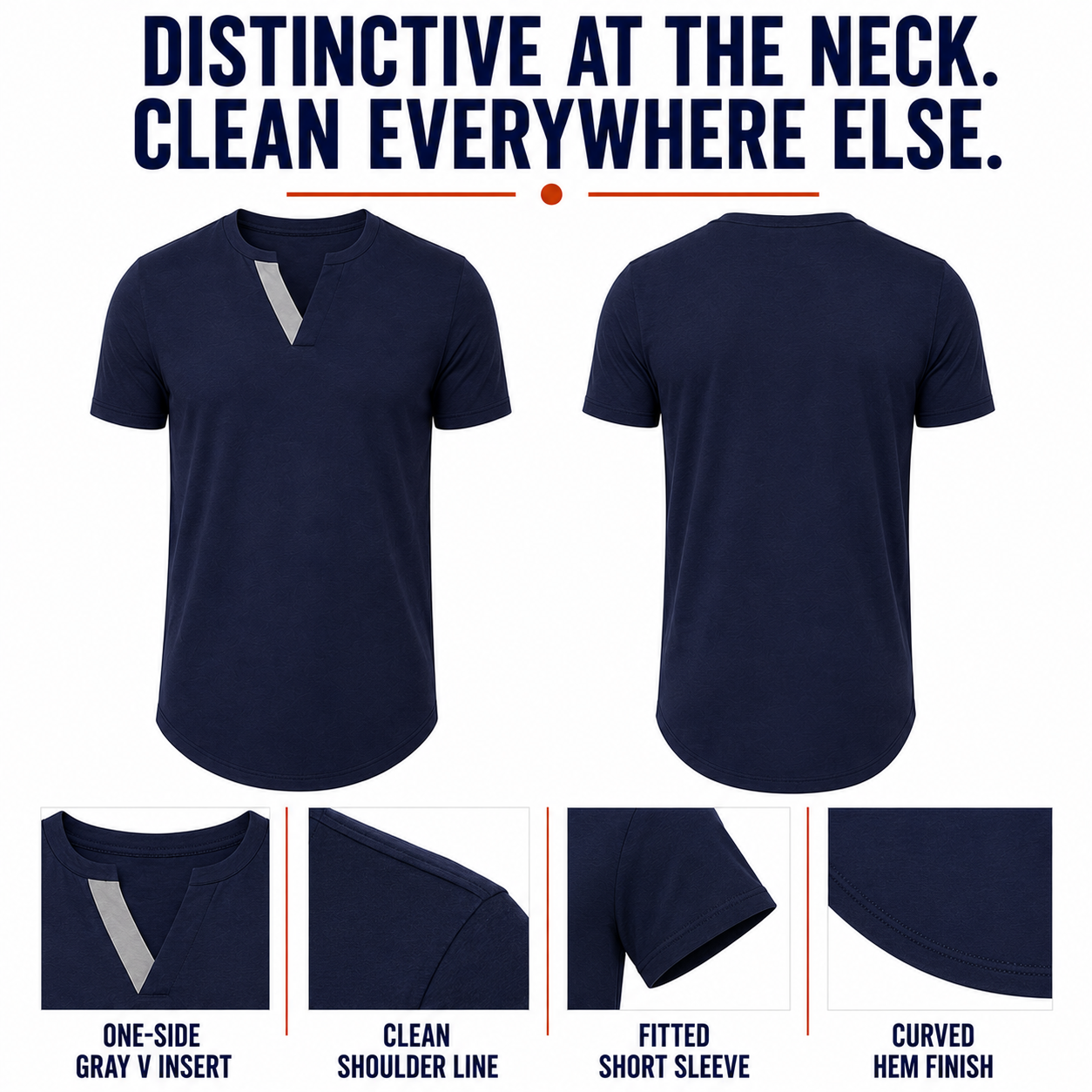 One-side gray V insert, shoulder, sleeve and curved hem construction