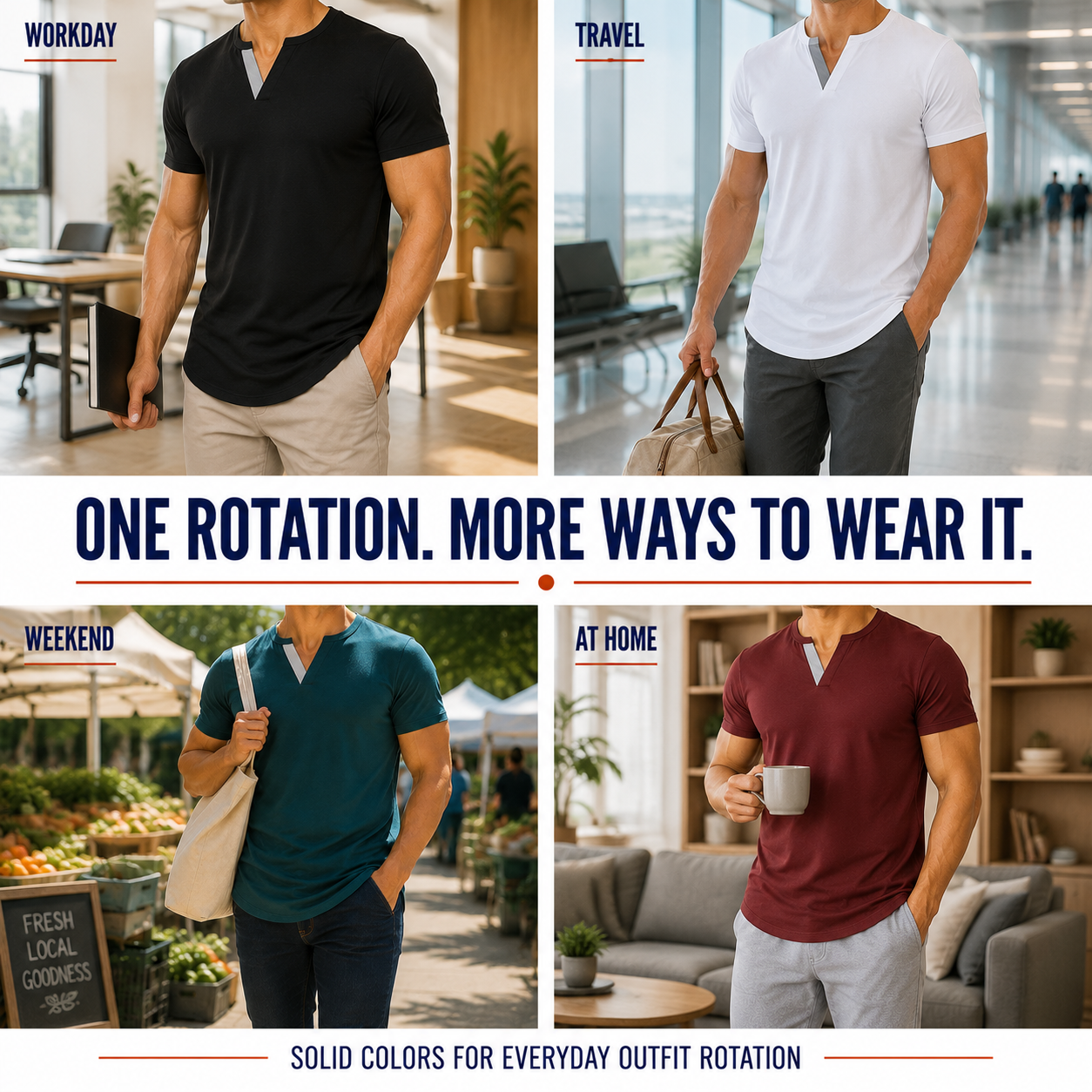 Workday, travel, weekend and at-home outfit rotation in real settings