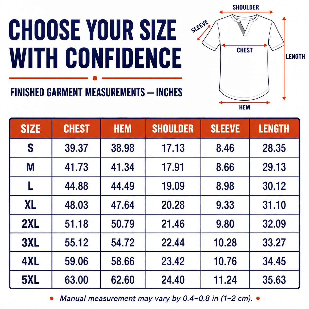 Finished garment size chart in inches for S through 5XL