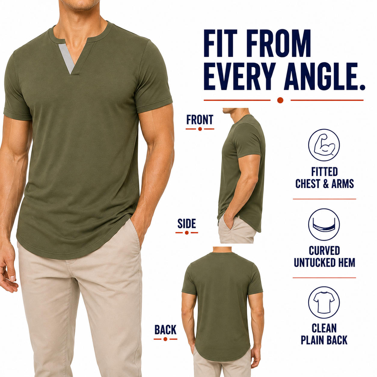 Front, side and back fit of the olive green longline tee