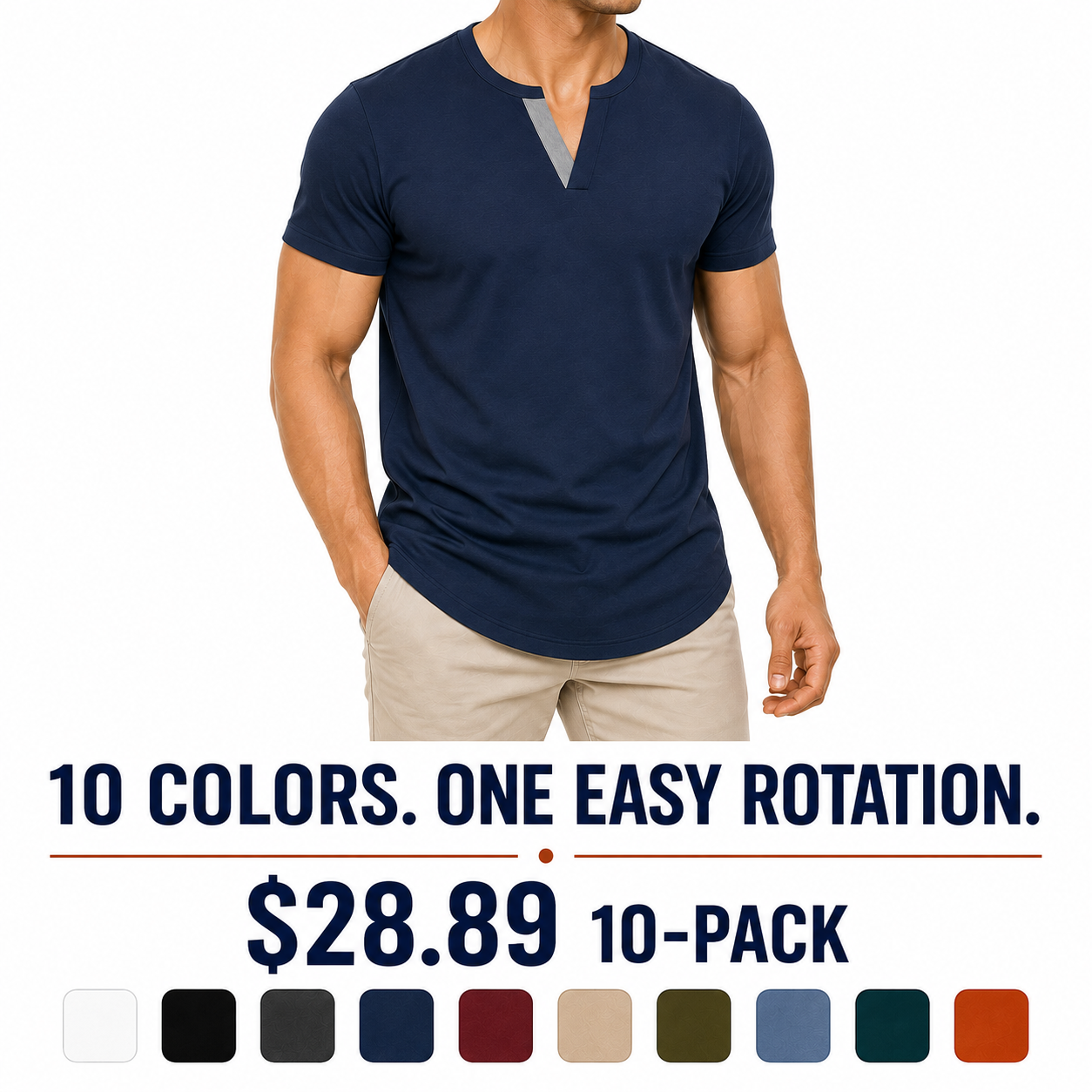 Men's asymmetric-trim longline tee 10-color 10-Pack cover at $28.89