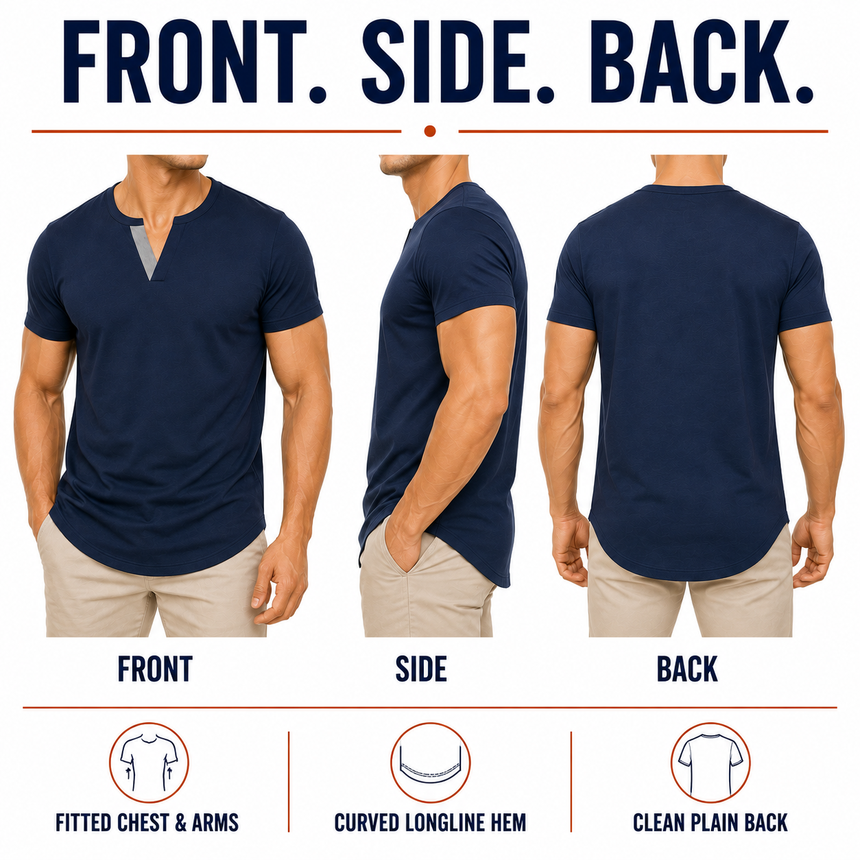 Front, side and back fit of the navy asymmetric-trim longline tee