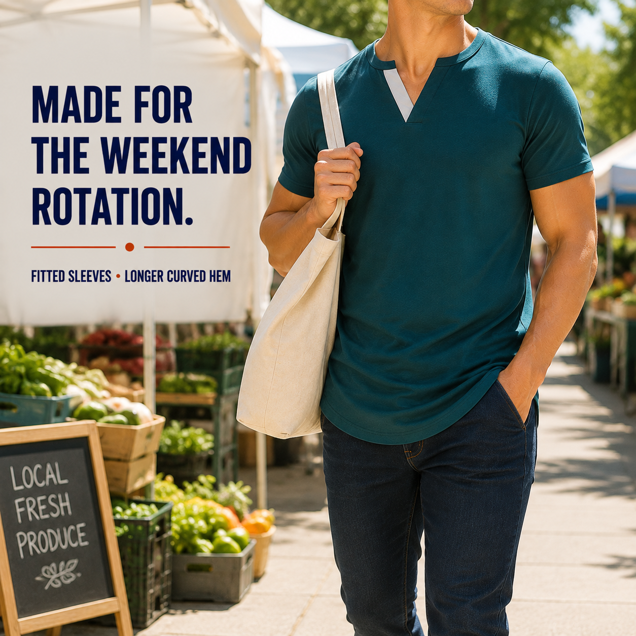 Forest teal asymmetric-trim longline tee at a weekend market