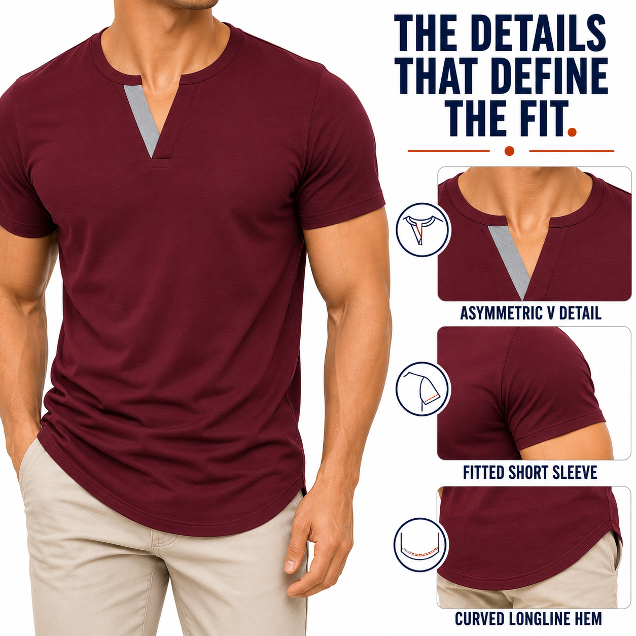 Asymmetric V detail, fitted sleeve and curved longline hem on burgundy tee