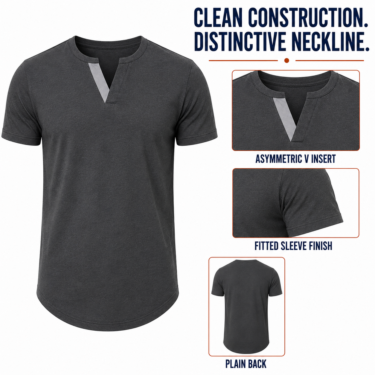 Charcoal asymmetric-trim tee construction, sleeve finish and plain back