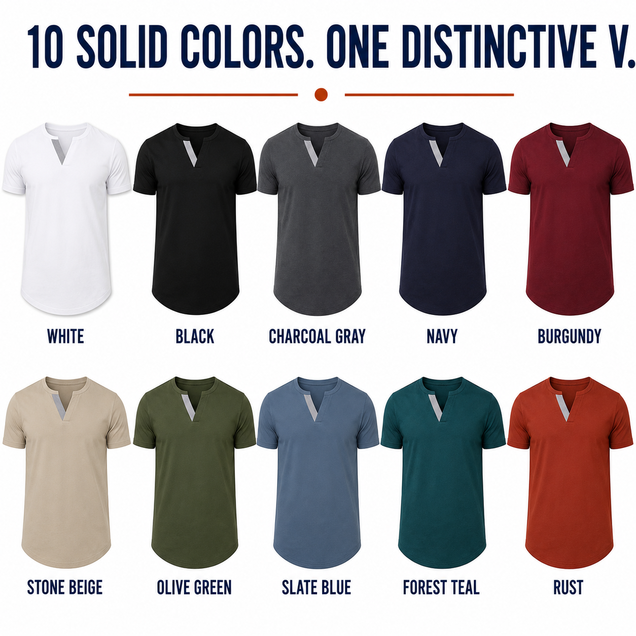 Ten approved solid colors of the asymmetric-trim longline tee