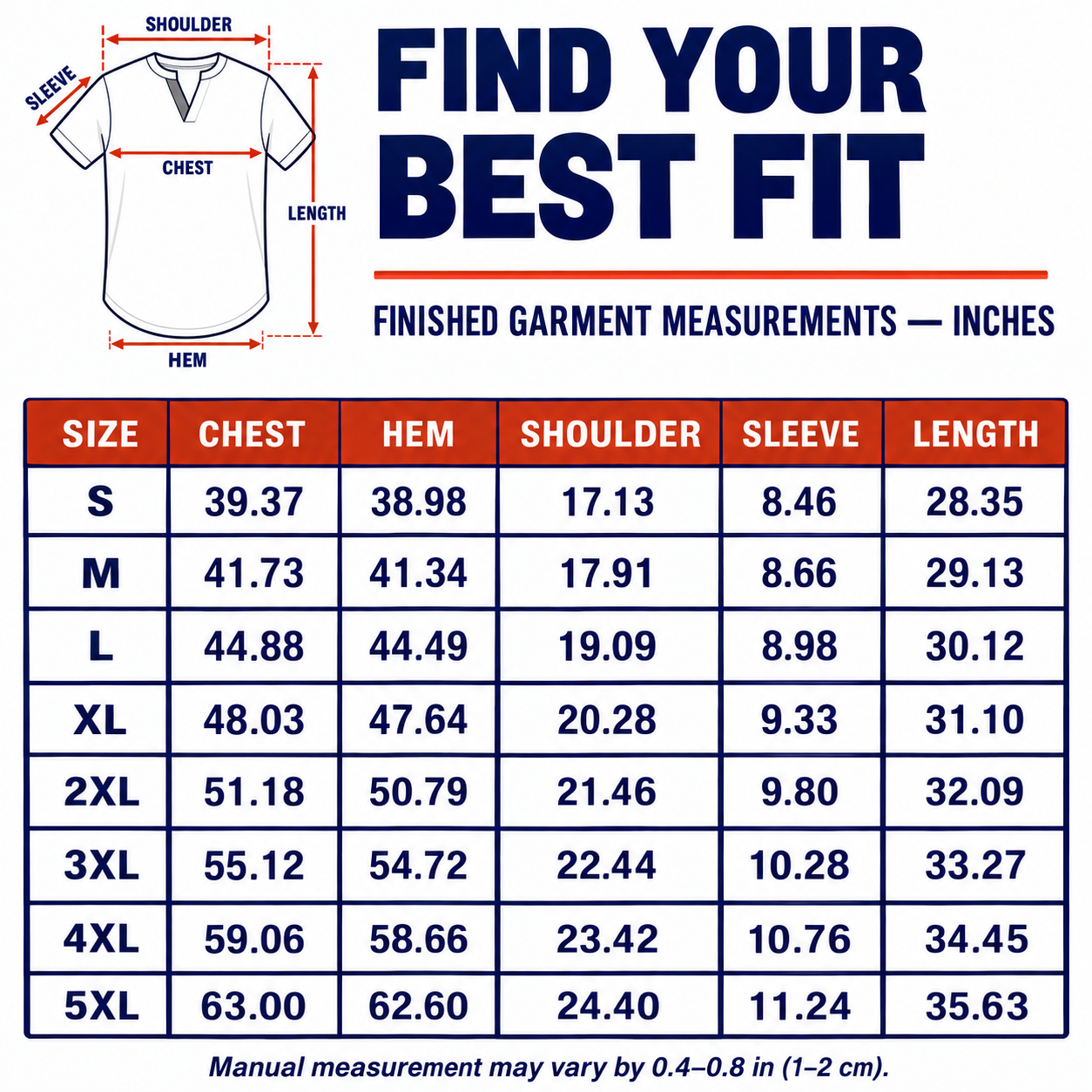 Finished garment measurements in inches for sizes S through 5XL