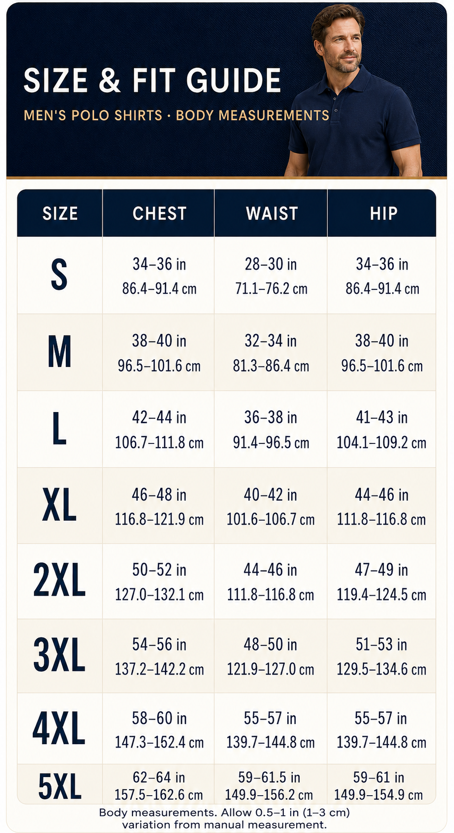Men's pique polo size and fit guide S through 5XL with model