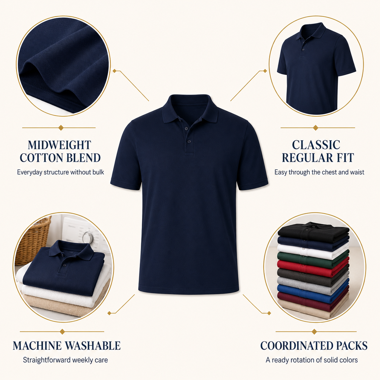 Men's pique polo midweight cotton blend regular fit care and pack benefits