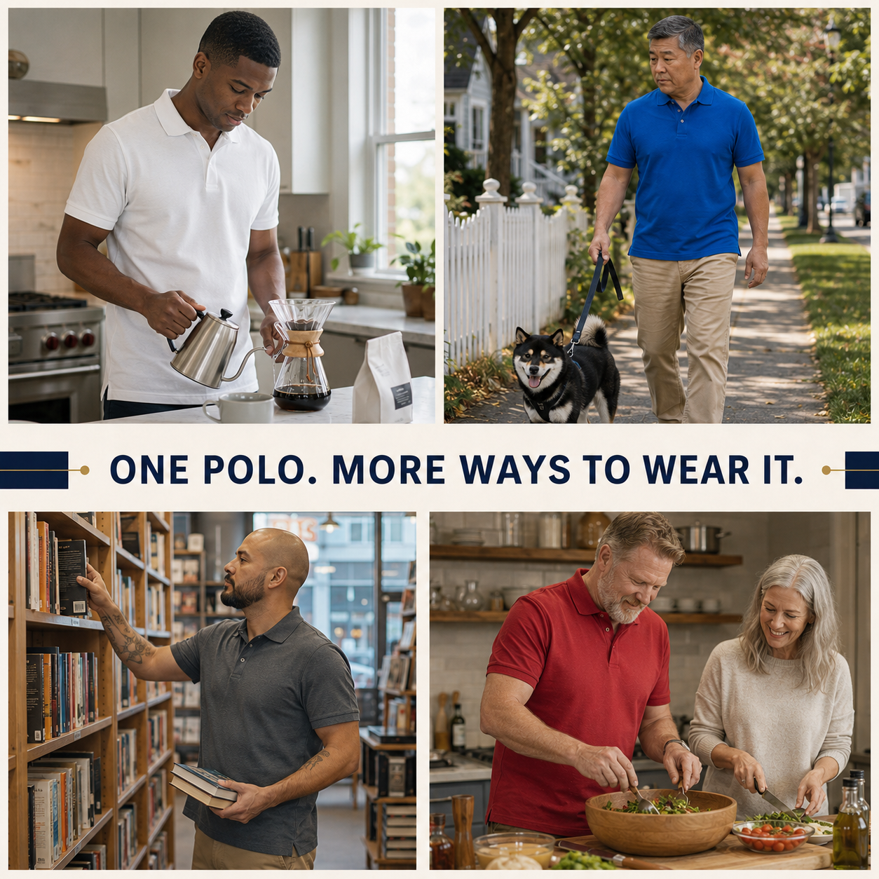 Men's pique polos worn for four natural everyday occasions