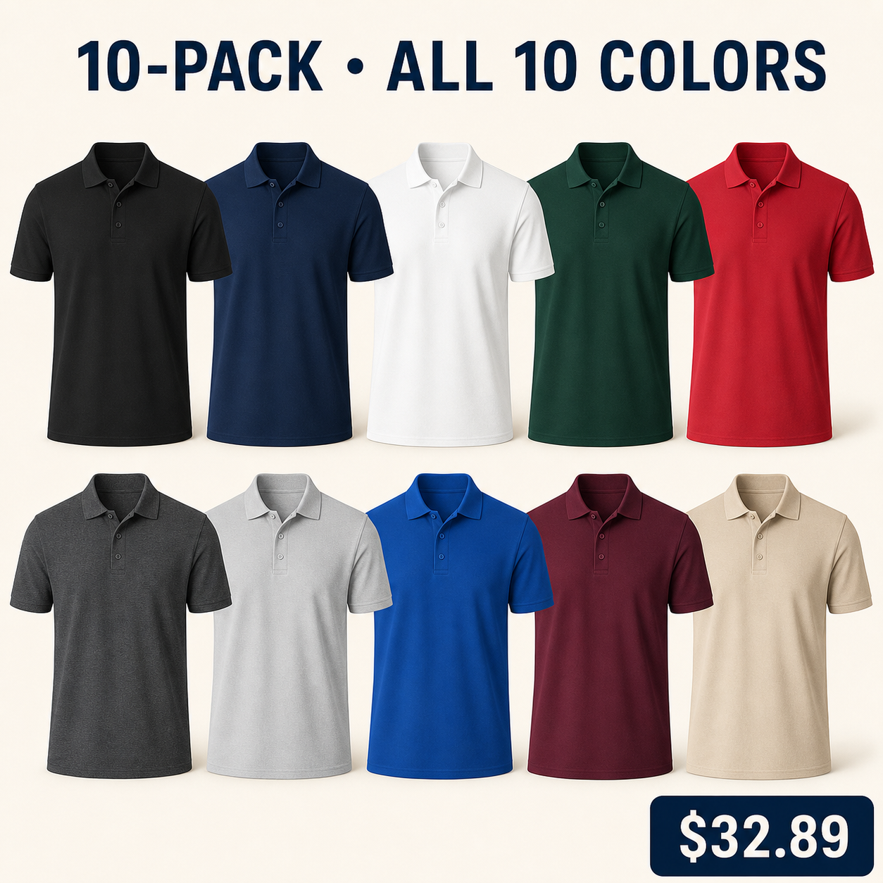 Men's midweight cotton-blend pique polo shirts 10-pack in ten colors
