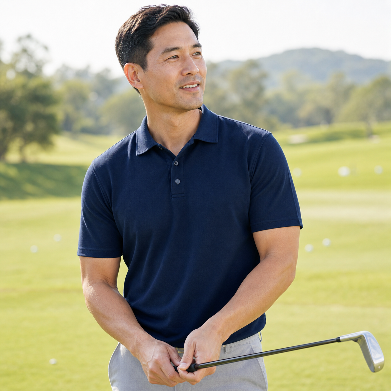 Men's navy classic polo styled for golf
