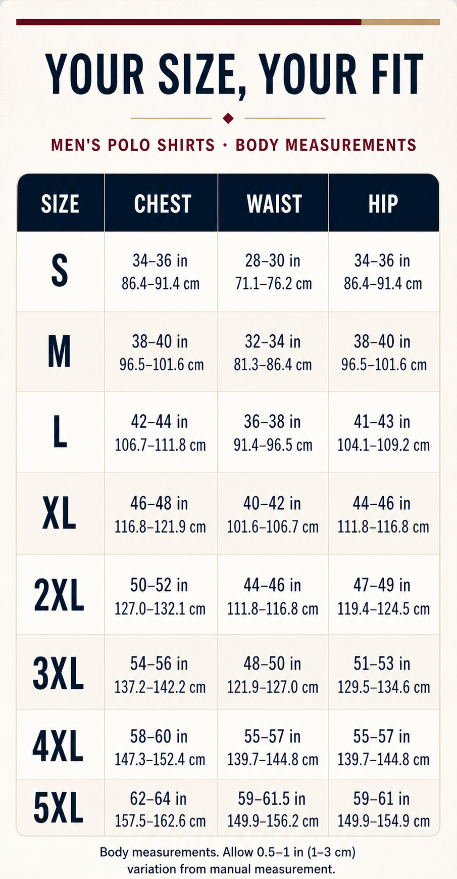 Men's polo closing body measurement guide S through 5XL