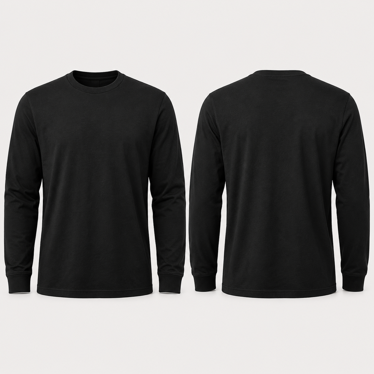 Black 100 percent cotton long-sleeve shirt, complete front and back views