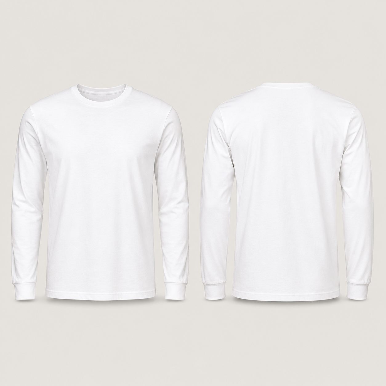 White 100 percent cotton long-sleeve shirt, complete front and back views