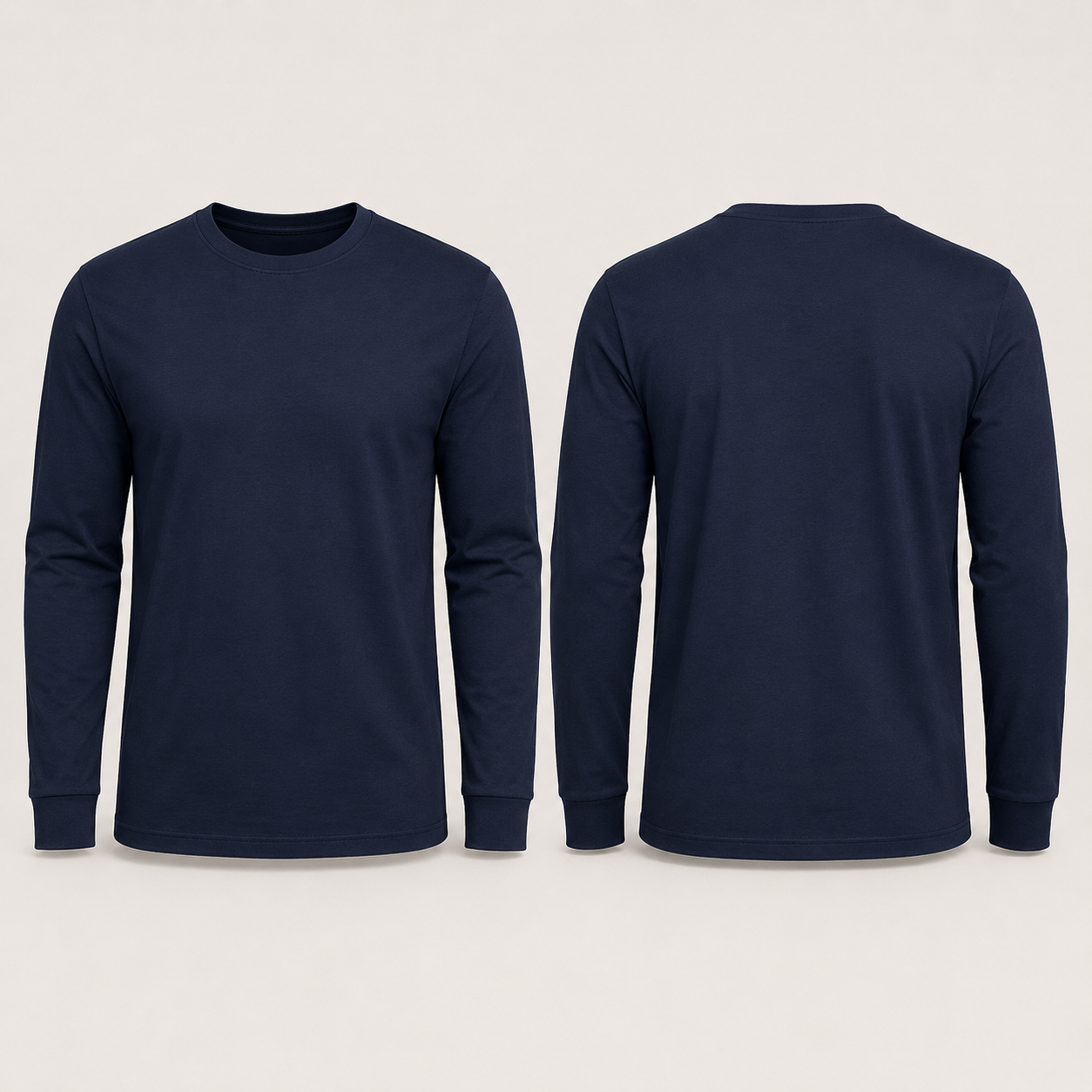 Navy 100 percent cotton long-sleeve shirt, complete front and back views