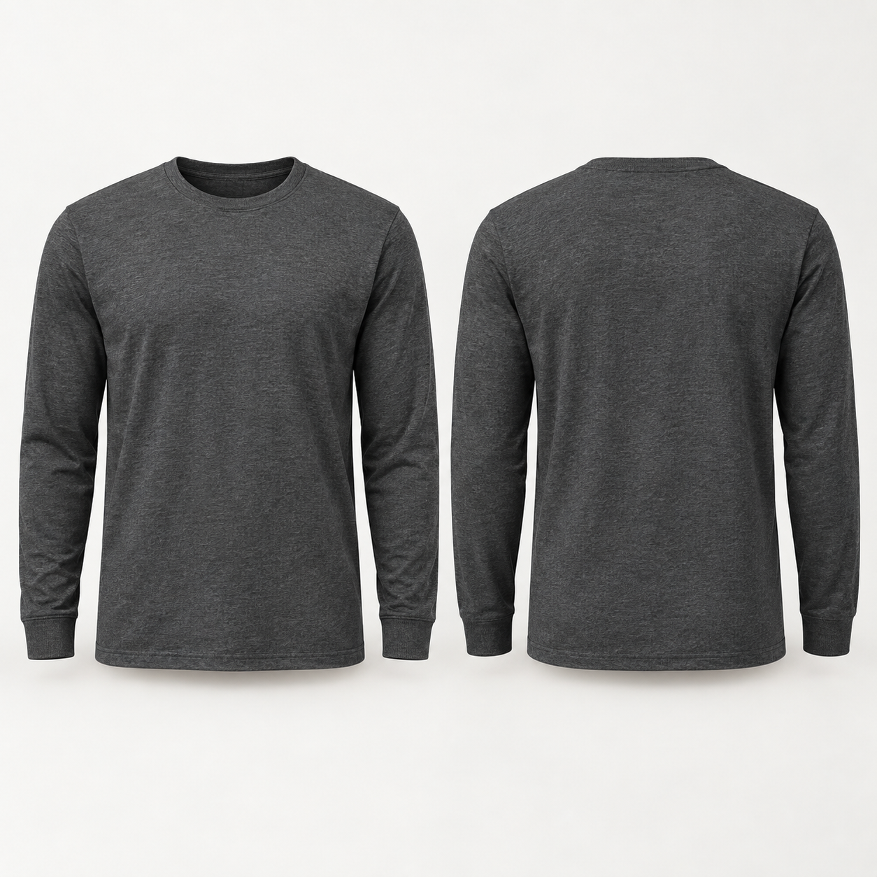 Dark Heather 100 percent cotton long-sleeve shirt, complete front and back views