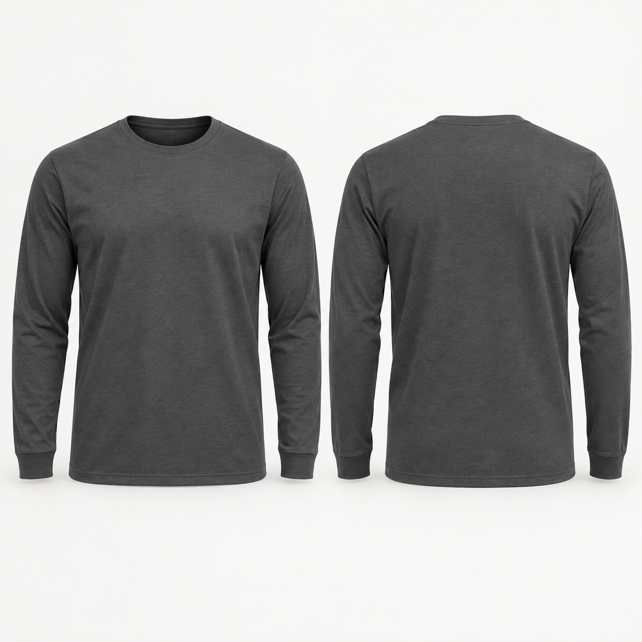 Charcoal 100 percent cotton long-sleeve shirt, complete front and back views