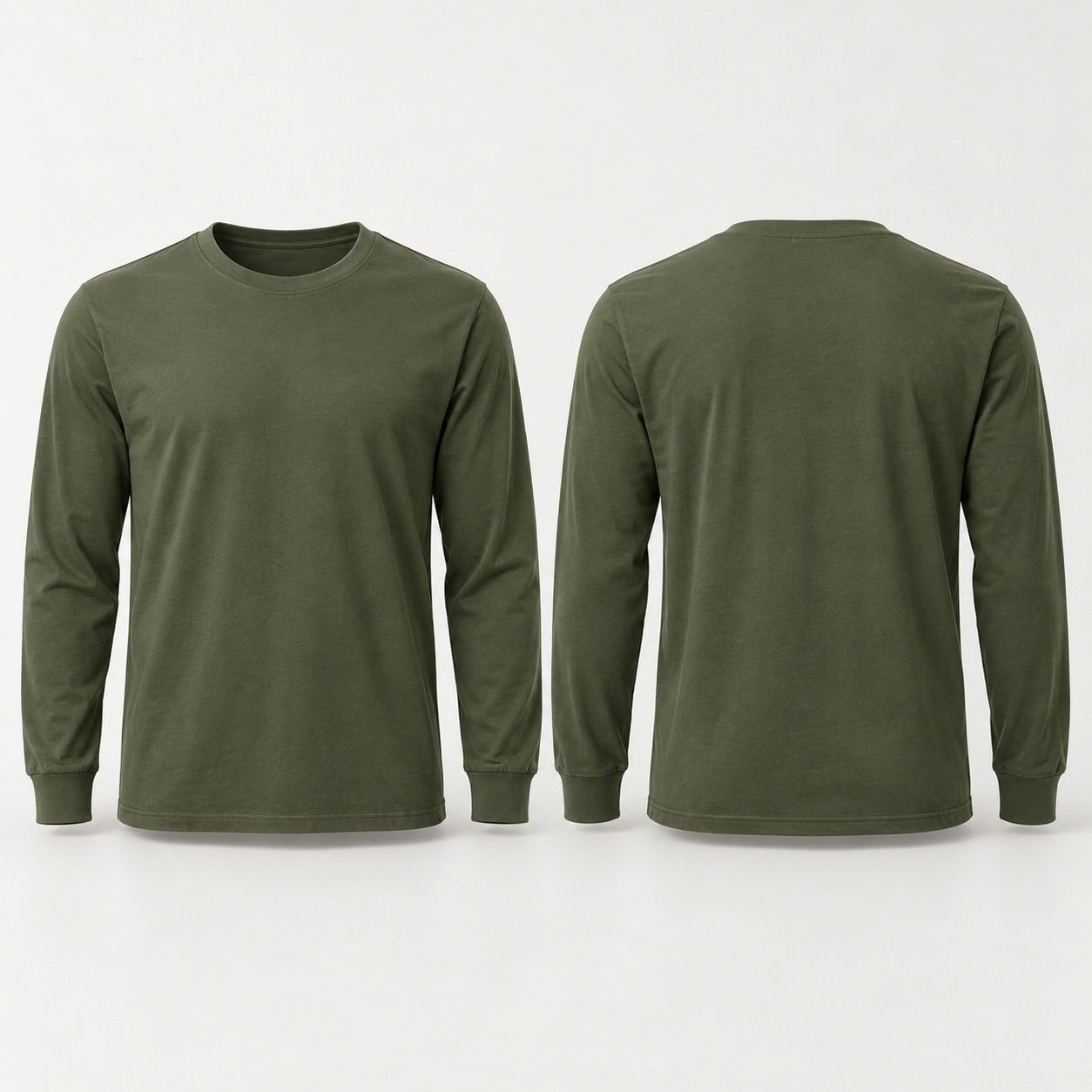 Military Green 100 percent cotton long-sleeve shirt, complete front and back views