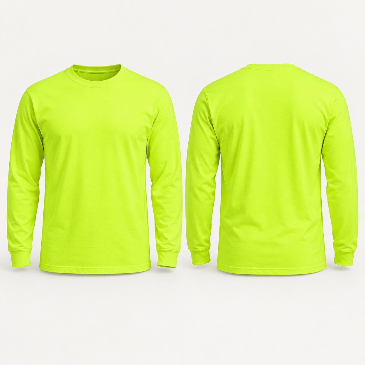 Safety Green 100 percent cotton long-sleeve shirt, complete front and back views