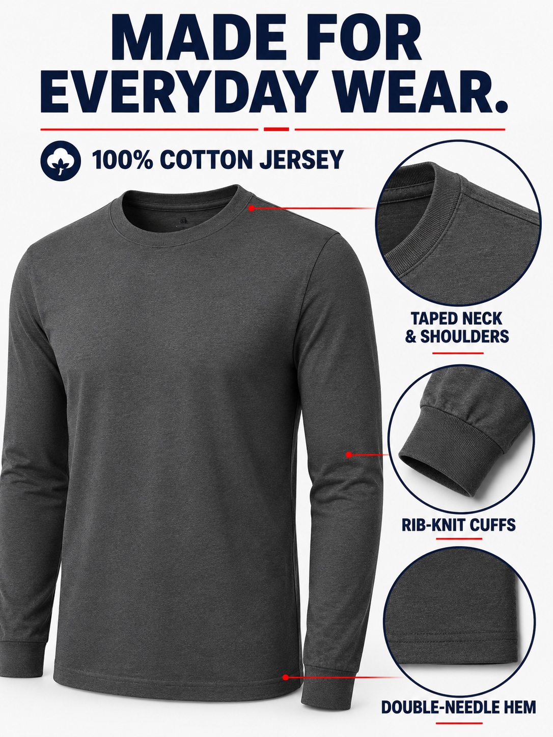 Cotton jersey crew neck taped shoulders rib cuffs and hem construction