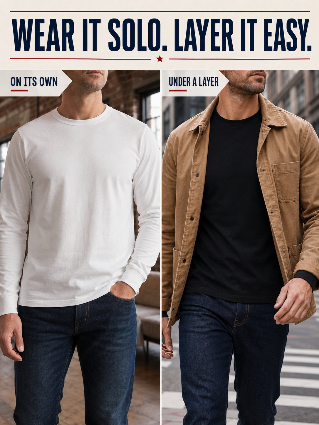 Long-sleeve cotton shirts worn alone and under an open layer