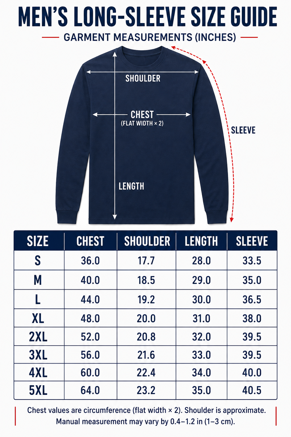Men long-sleeve garment measurement size guide S through 5XL