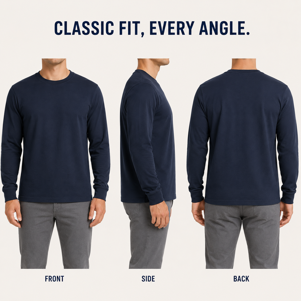 Navy classic-fit long-sleeve shirt front side and back views