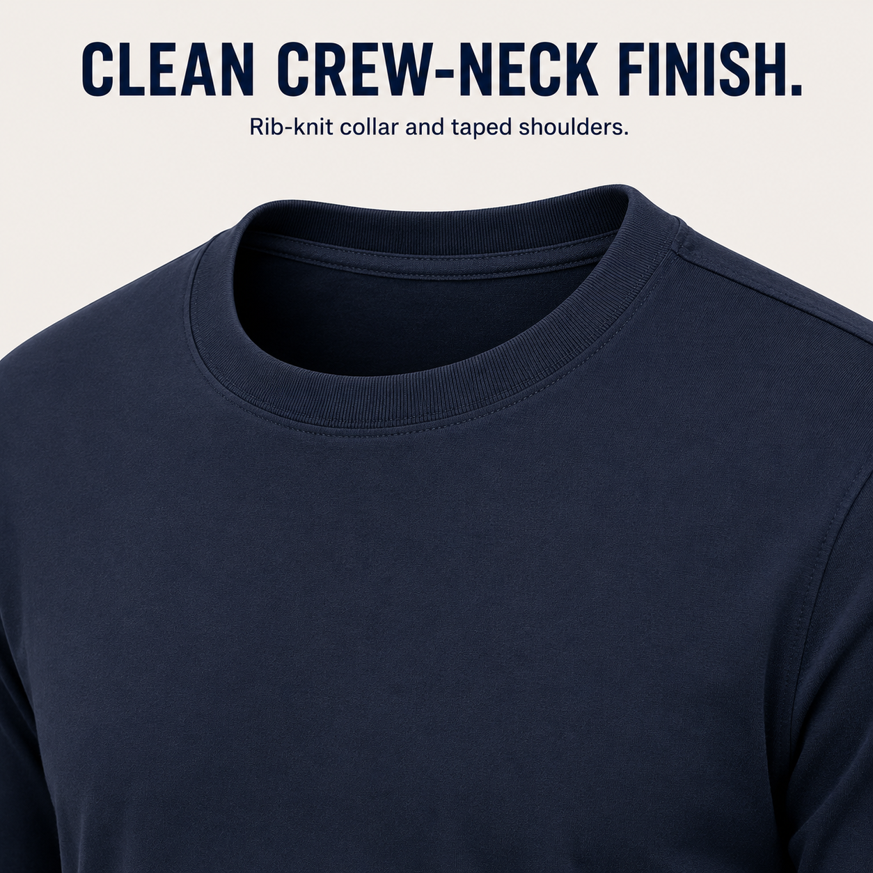 Crew-neck collar and taped shoulder construction detail