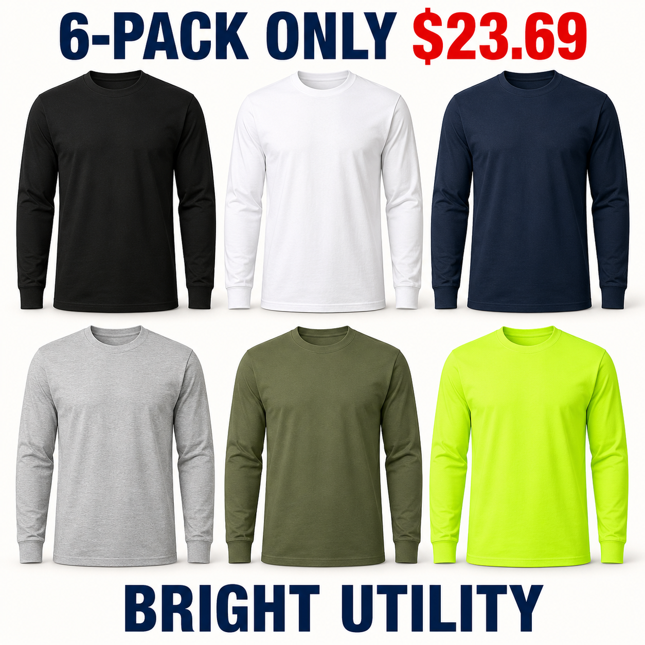 6-Pack Bright Utility 100 percent cotton long-sleeve shirts, Only $23.69